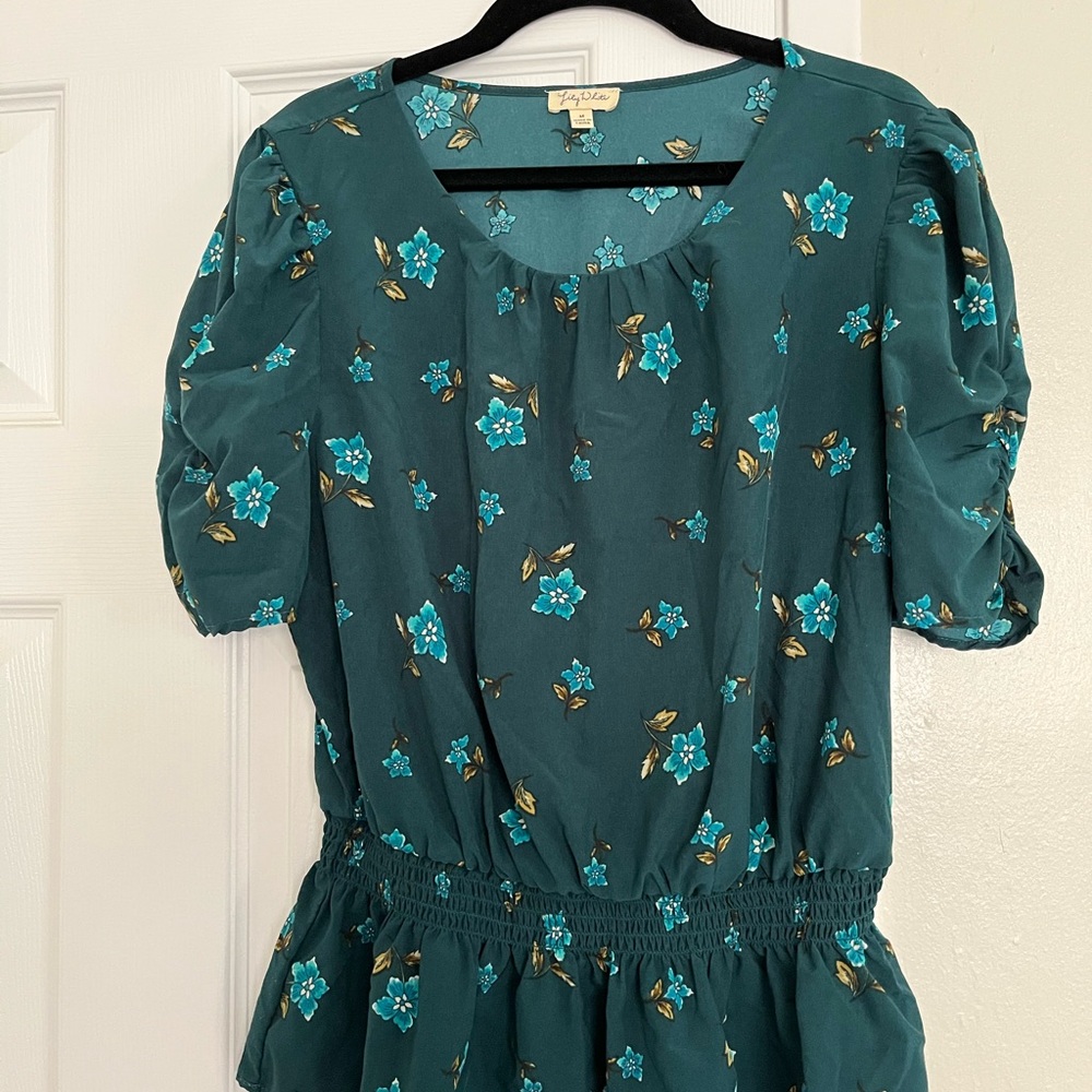 Lily White Teal Peplum Top with Floral Accents